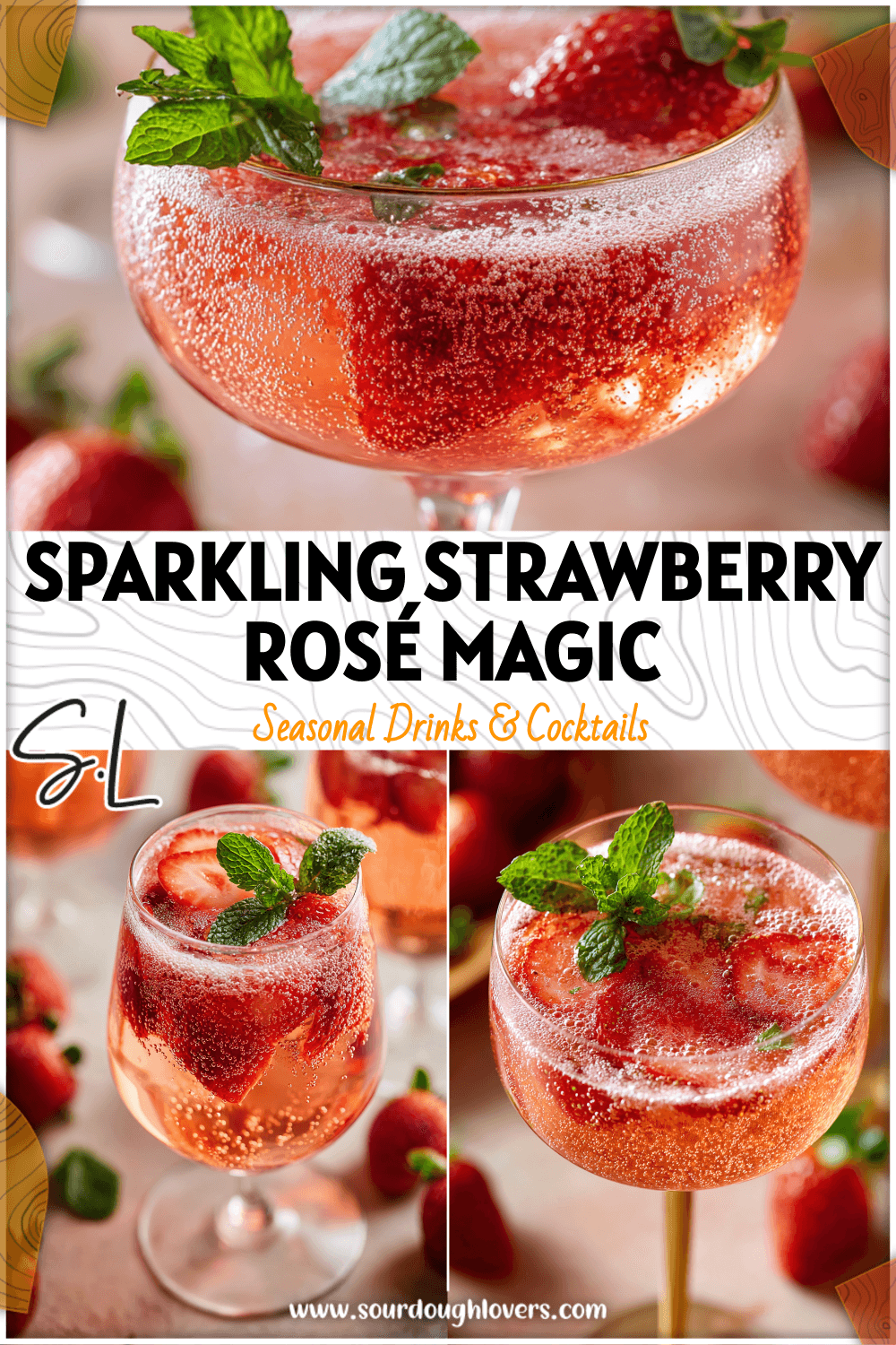 Sparkling pink Strawberry Rosé Mocktail served in a stemmed glass with bubbles, strawberries, and mint for a Healthy Mocktail look.